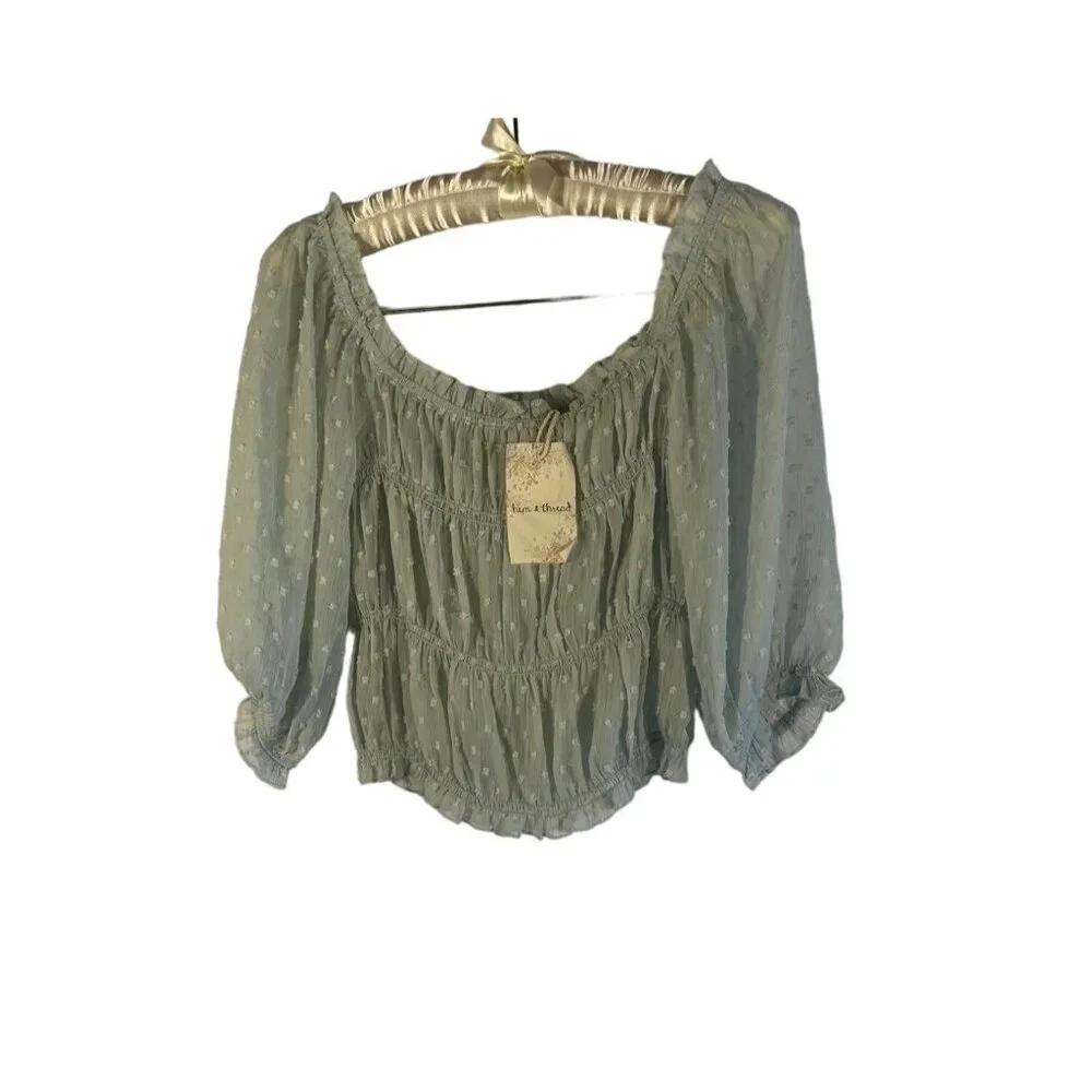 Hem & Thread Boho Chic Sheer Peasant Blouse With Polka Dot Details Size S - Picture 1 of 6